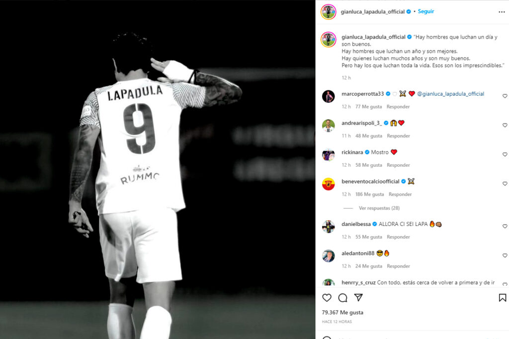Gianluca Lapadula publicó un mensaje luego de anotar el gol del triunfo del Benevento